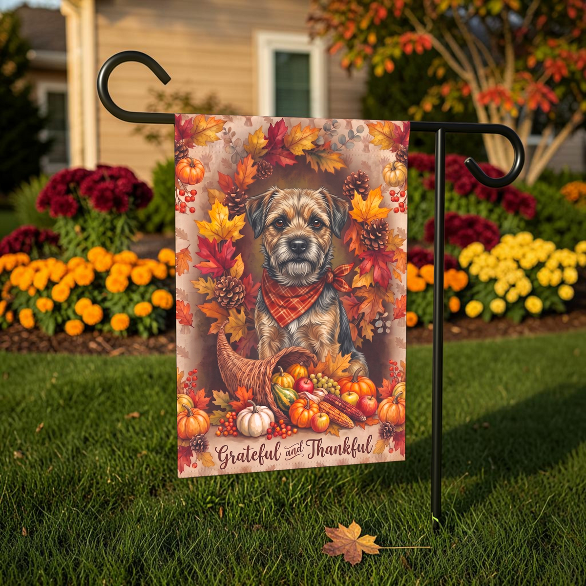 Grateful and Thankful Border Terrier Thanksgiving Garden Flag