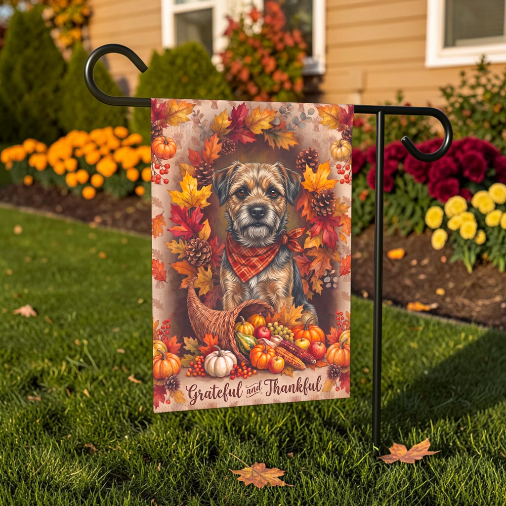 Grateful and Thankful Border Terrier Thanksgiving Garden Flag
