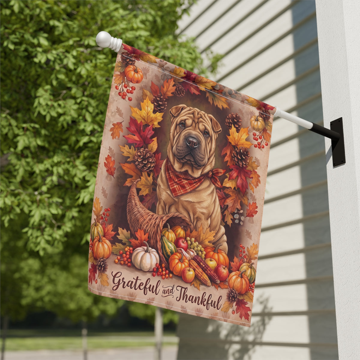 Grateful And Thankful Chinese Shar-Pei Thanksgiving Garden Flag