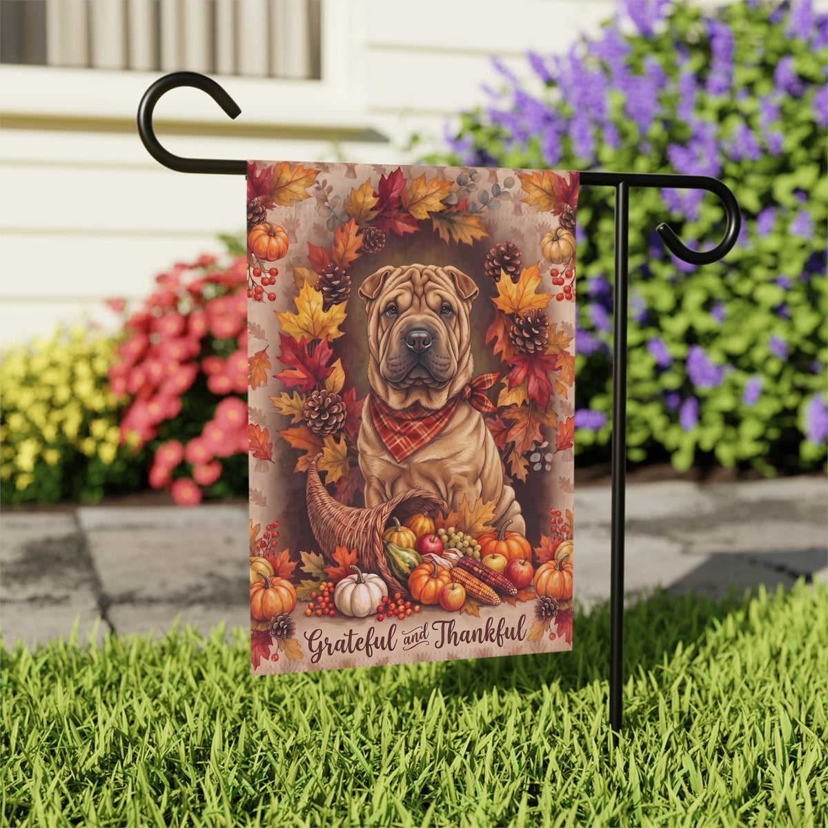 Grateful And Thankful Chinese Shar-Pei Thanksgiving Garden Flag