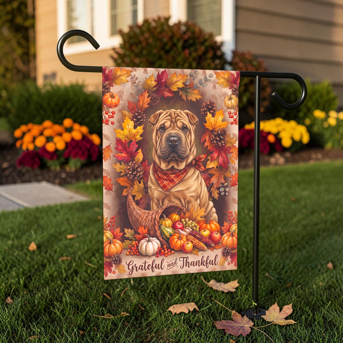 Grateful And Thankful Chinese Shar-Pei Thanksgiving Garden Flag