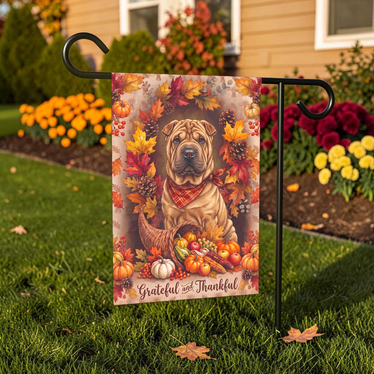 Grateful And Thankful Chinese Shar-Pei Thanksgiving Garden Flag