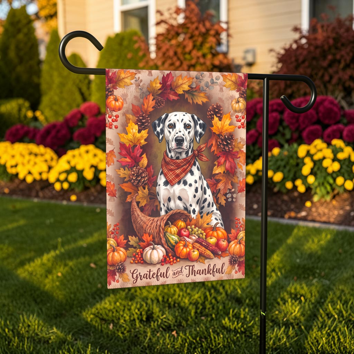 Grateful And Thankful Dalmatian Thanksgiving Garden Flag