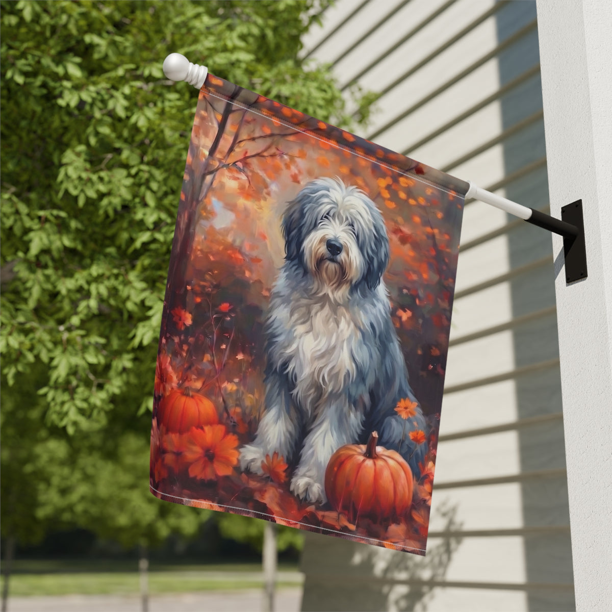 Fall Old English Sheepdog With Pumpkins Autumn Garden Flag