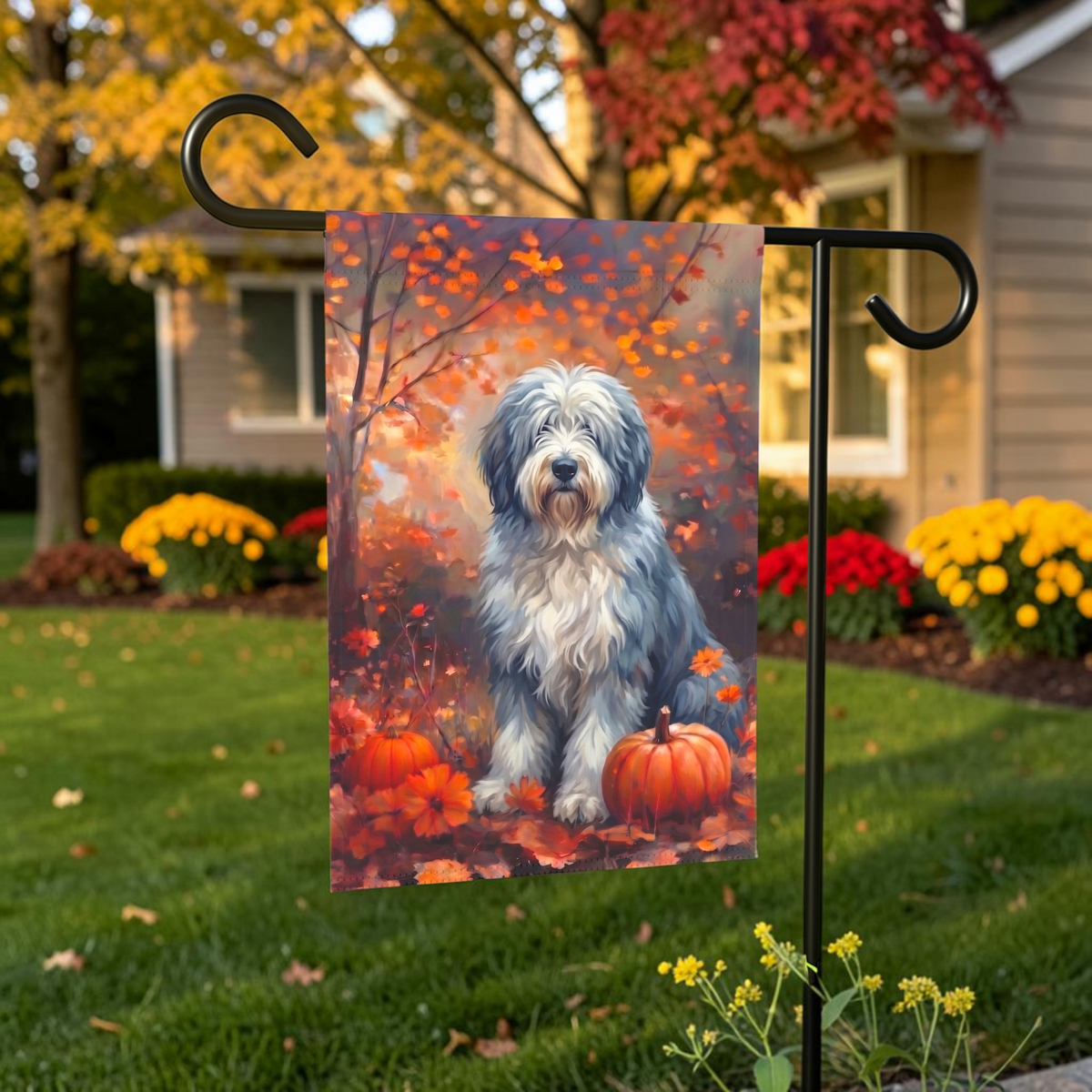 Fall Old English Sheepdog With Pumpkins Autumn Garden Flag