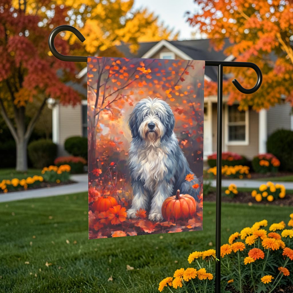 Fall Old English Sheepdog With Pumpkins Autumn Garden Flag