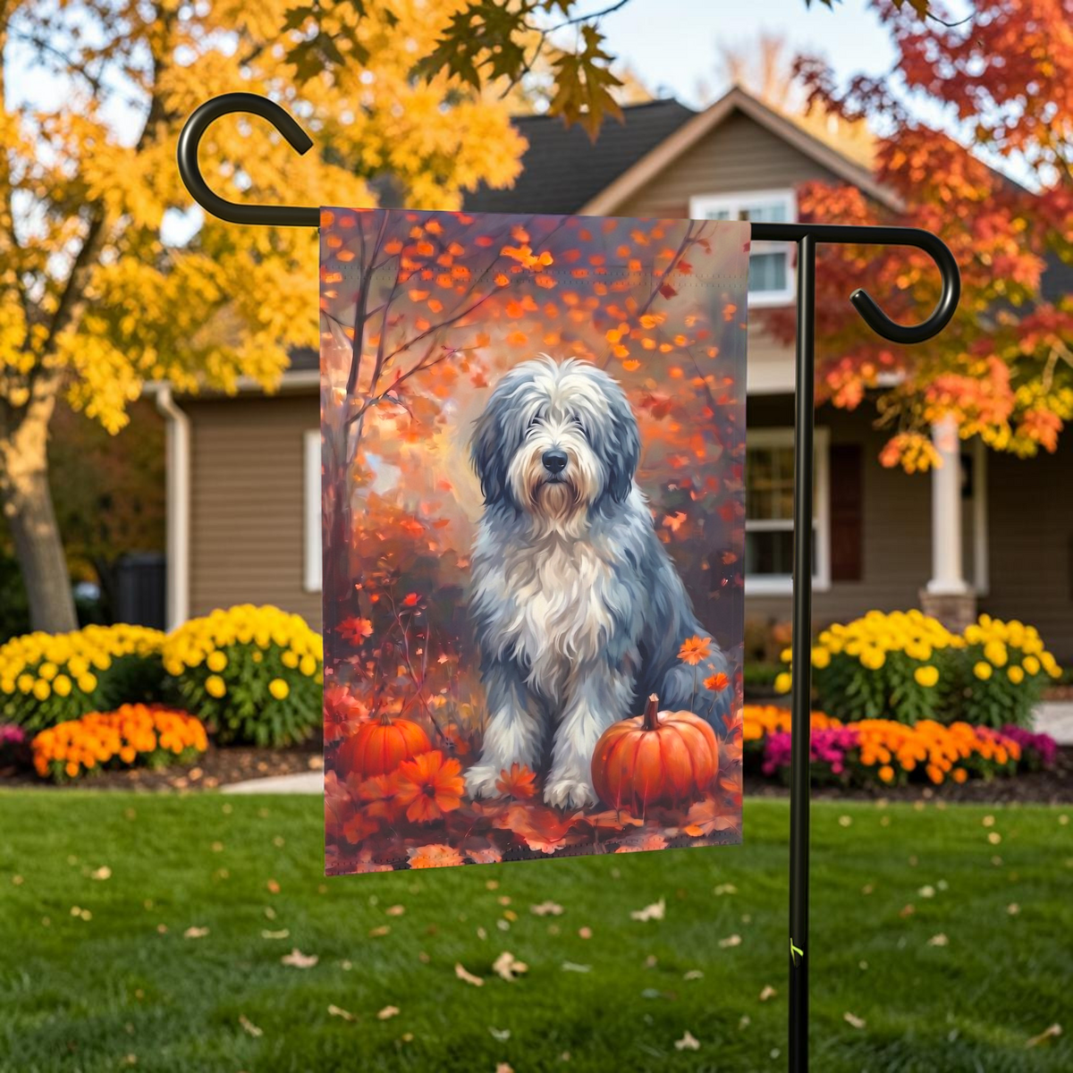 Fall Old English Sheepdog With Pumpkins Autumn Garden Flag