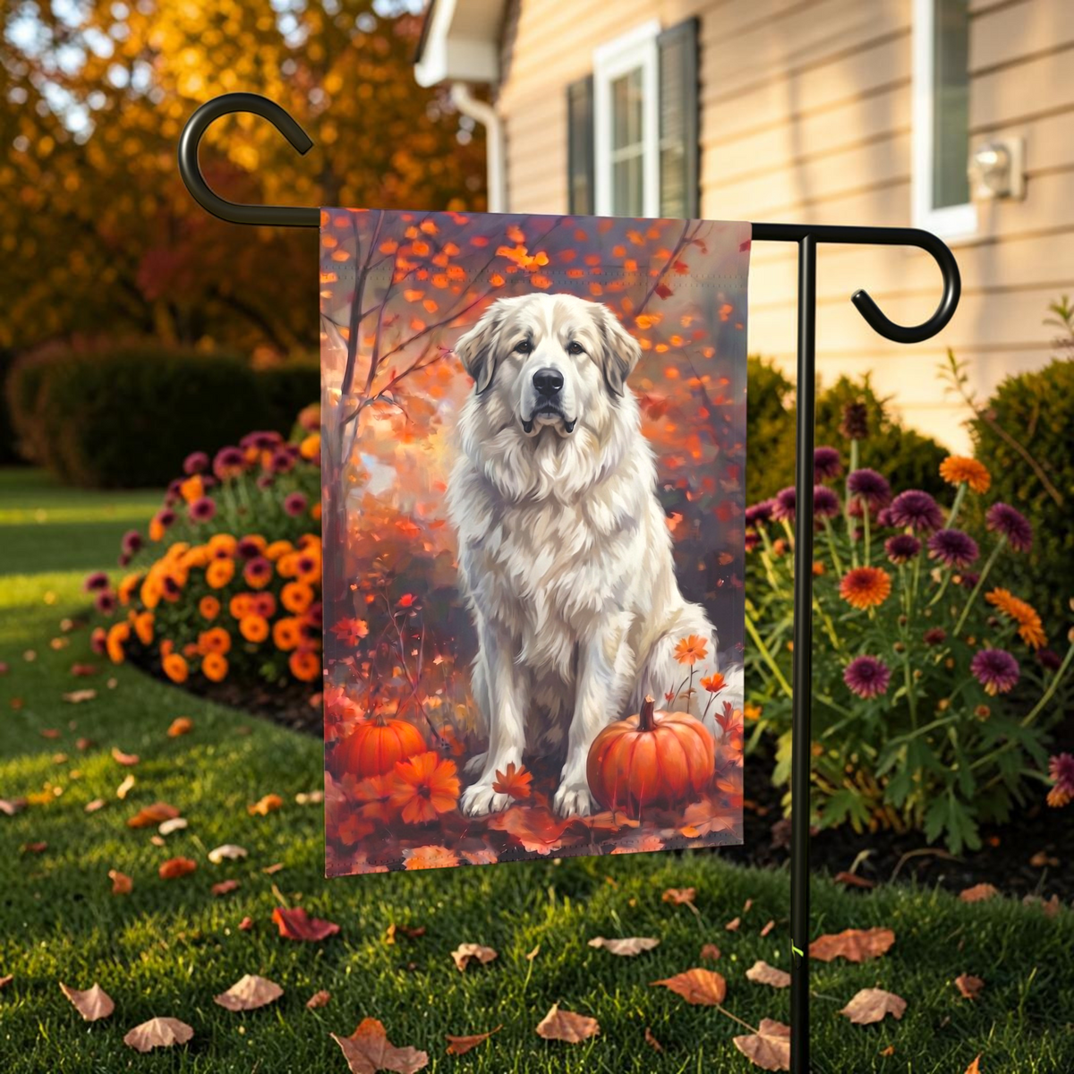 Fall Great Pyrenees With Pumpkins Autumn Garden Flag