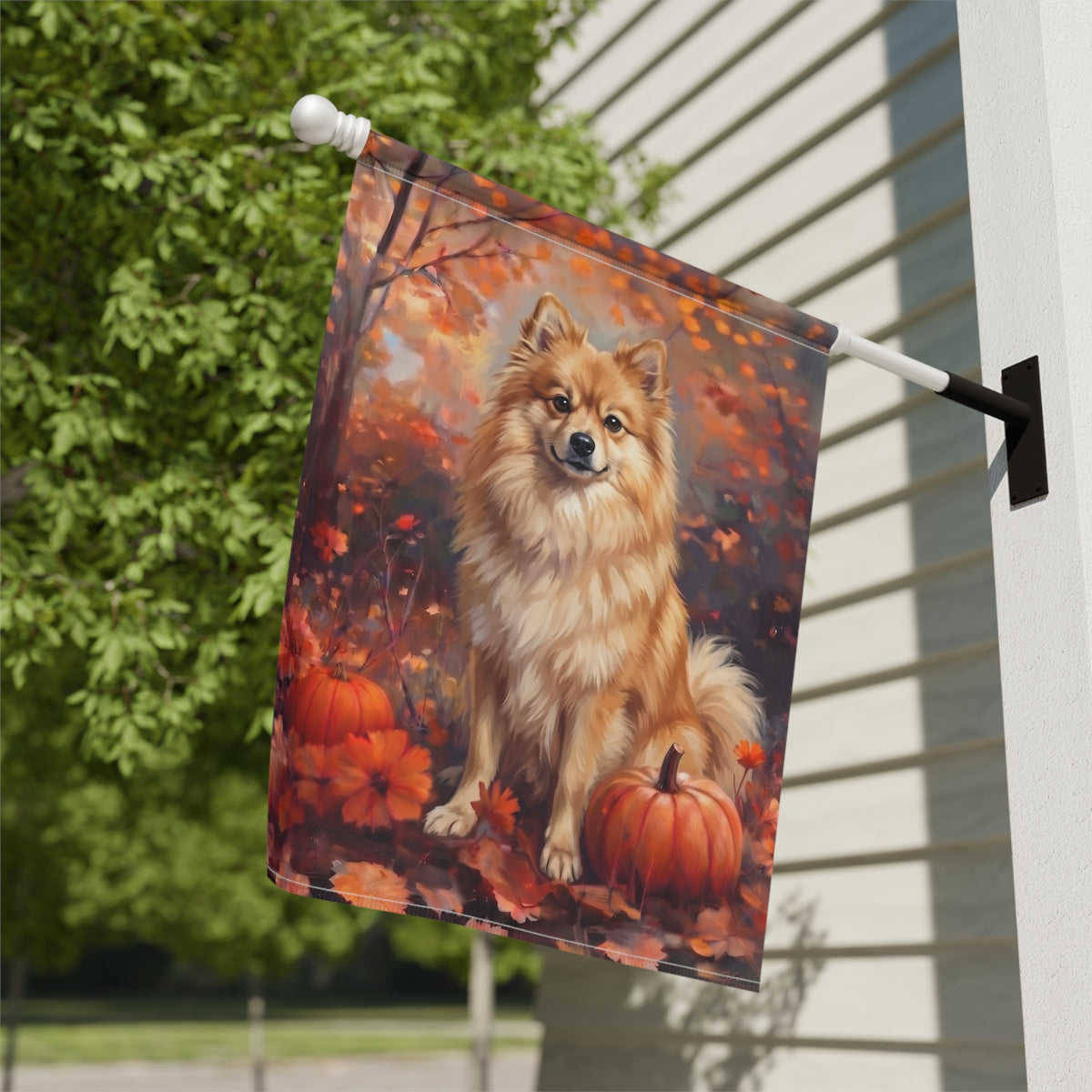 Fall German Spitz With Pumpkins Autumn Garden Flag