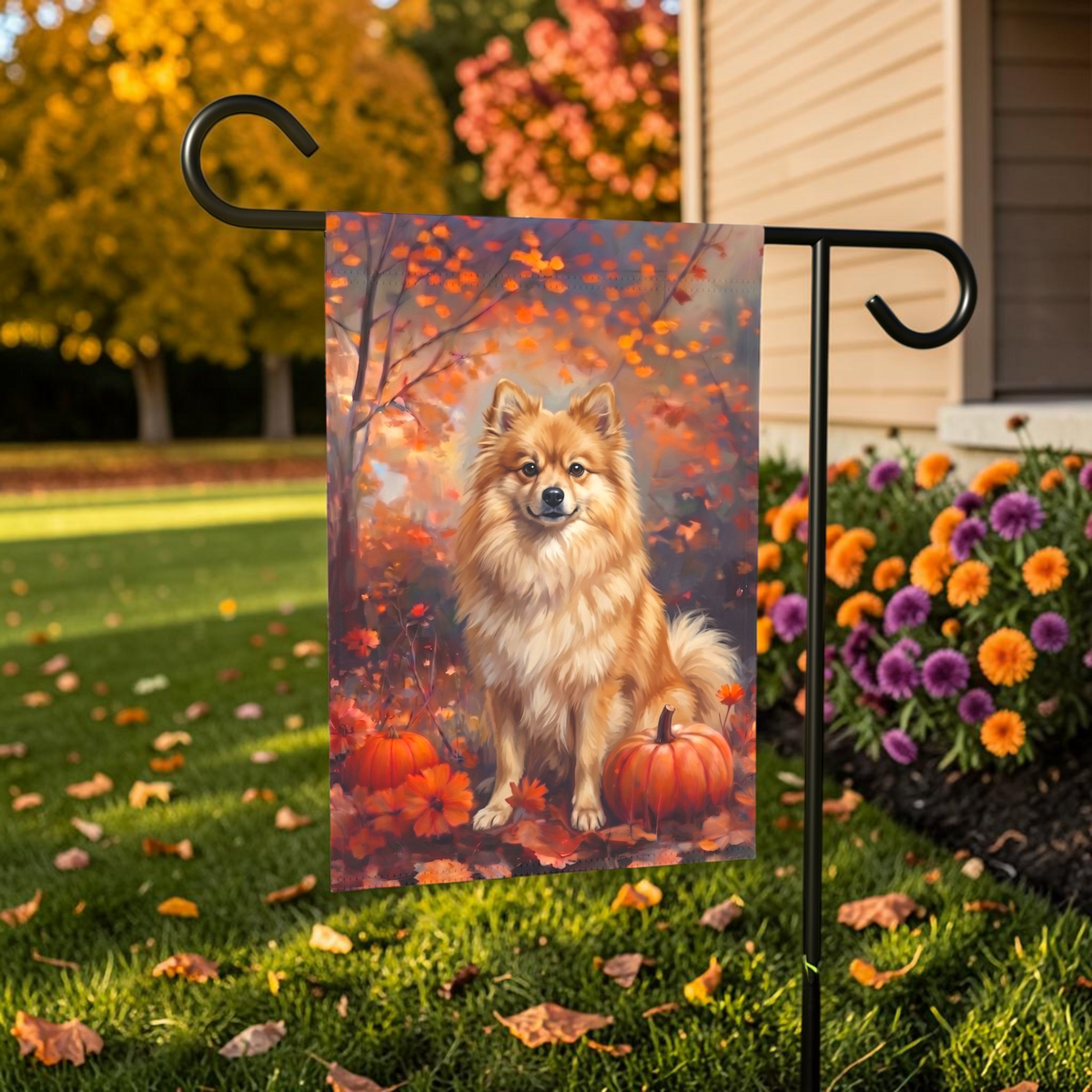 Fall German Spitz With Pumpkins Autumn Garden Flag