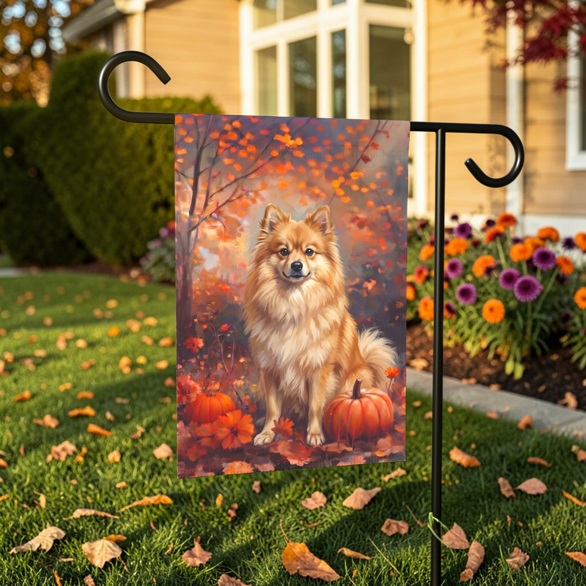 Fall German Spitz With Pumpkins Autumn Garden Flag