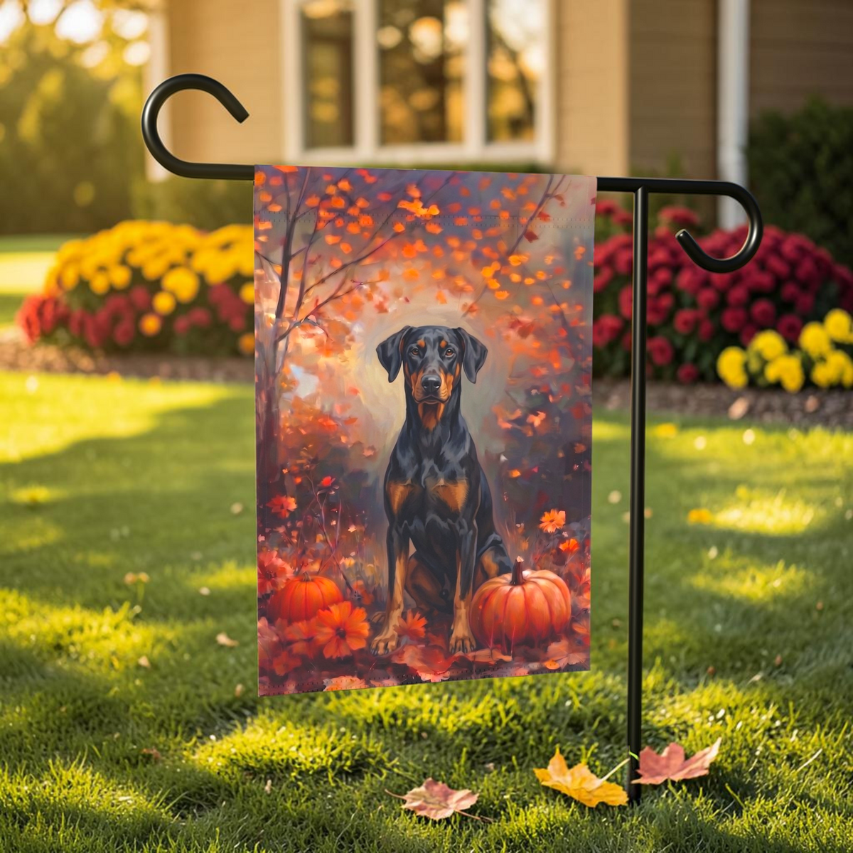 Fall Doberman Pinscher With Pumpkins Autumn Garden Flag