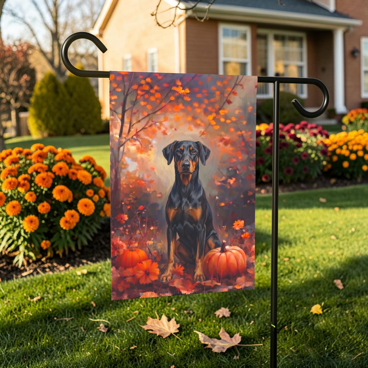 Fall Doberman Pinscher With Pumpkins Autumn Garden Flag