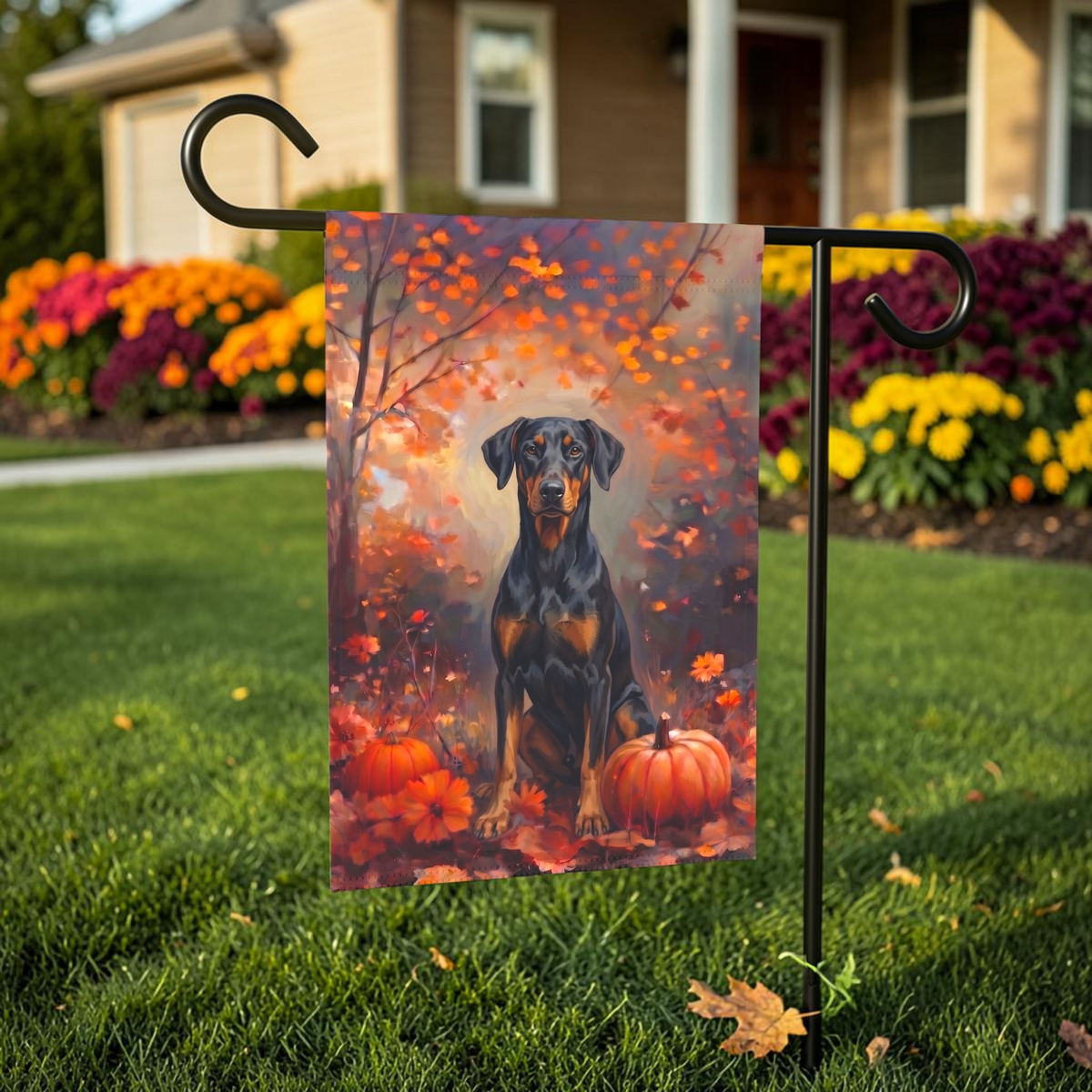 Fall Doberman Pinscher With Pumpkins Autumn Garden Flag