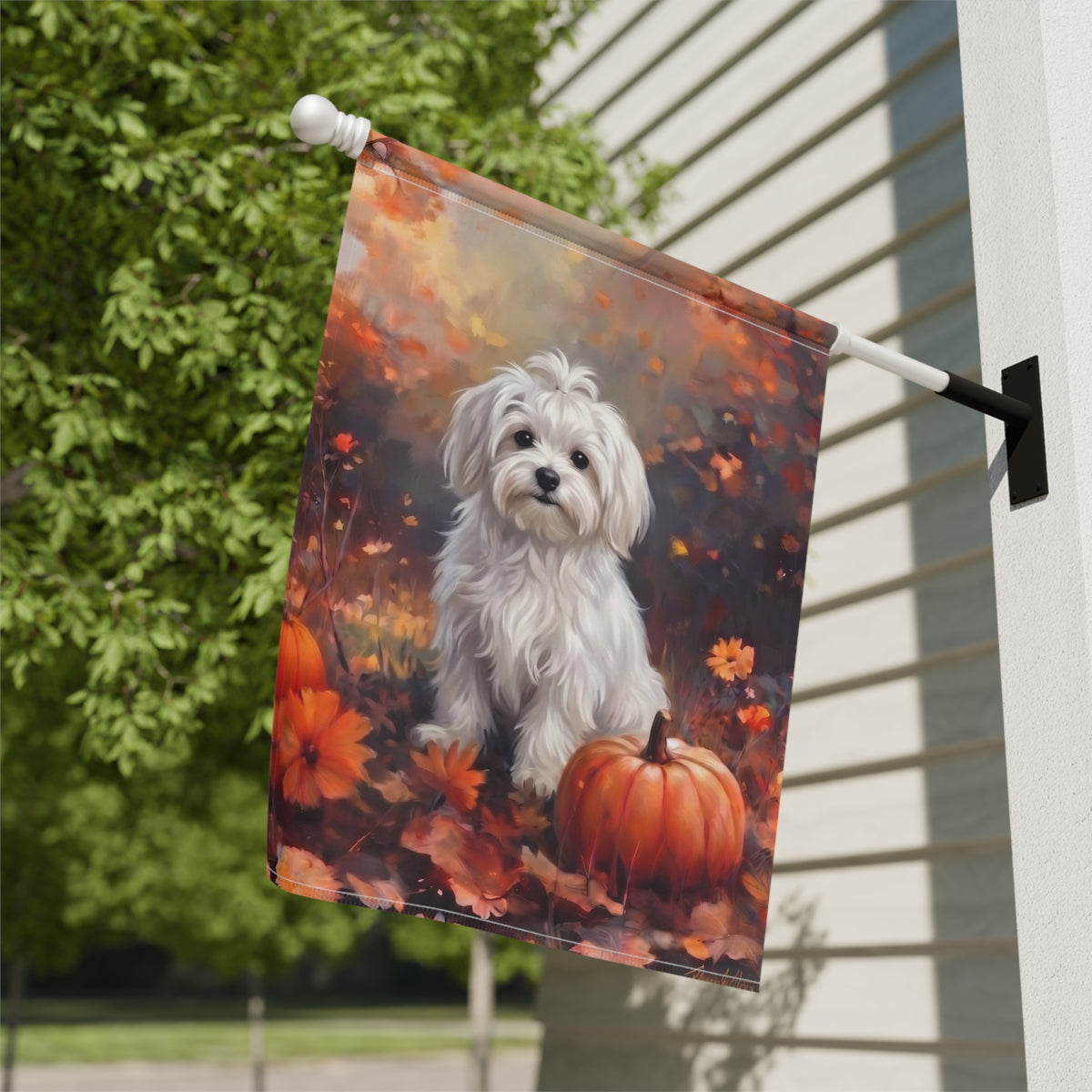 Fall Maltese With Pumpkins Autumn Garden Flag