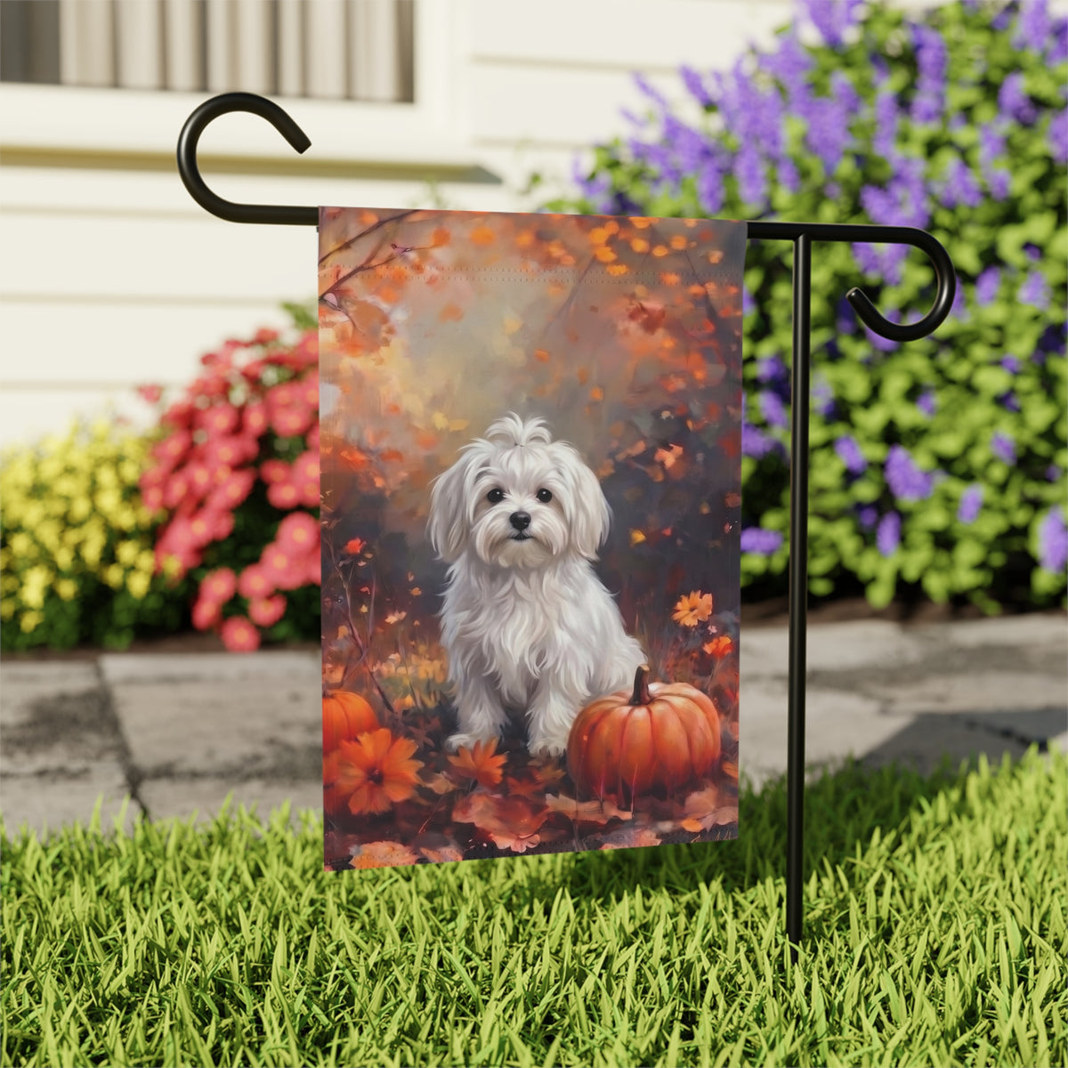 Fall Maltese With Pumpkins Autumn Garden Flag