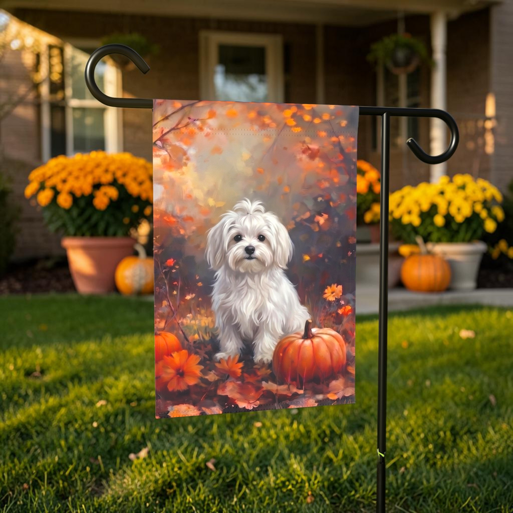 Fall Maltese With Pumpkins Autumn Garden Flag
