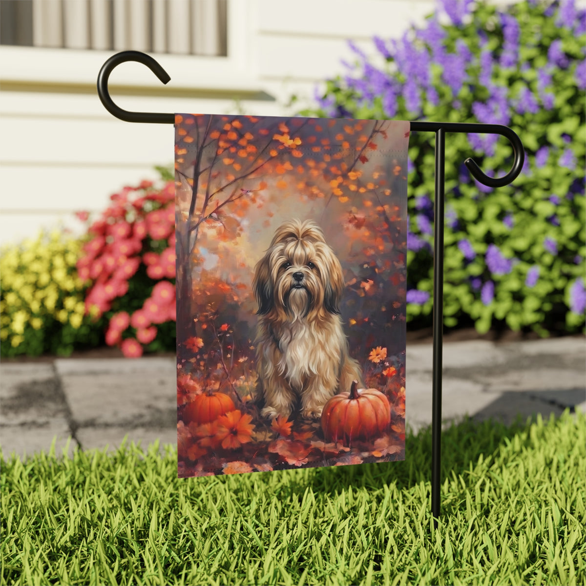 Fall Lhasa Apso With Pumpkins Autumn Garden Flag