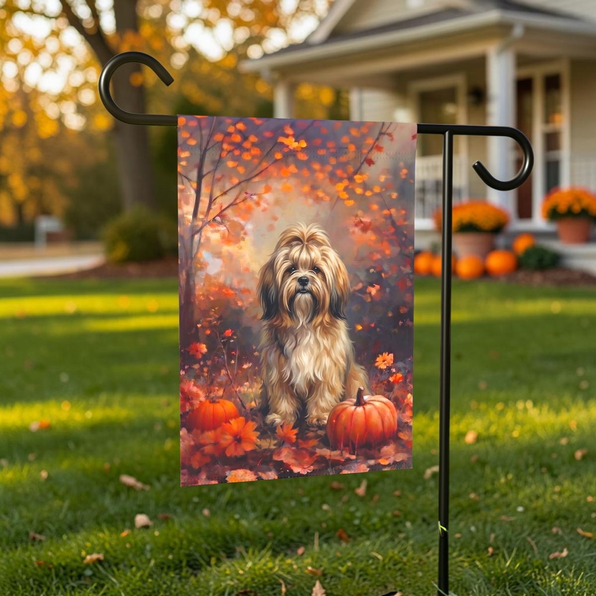 Fall Lhasa Apso With Pumpkins Autumn Garden Flag