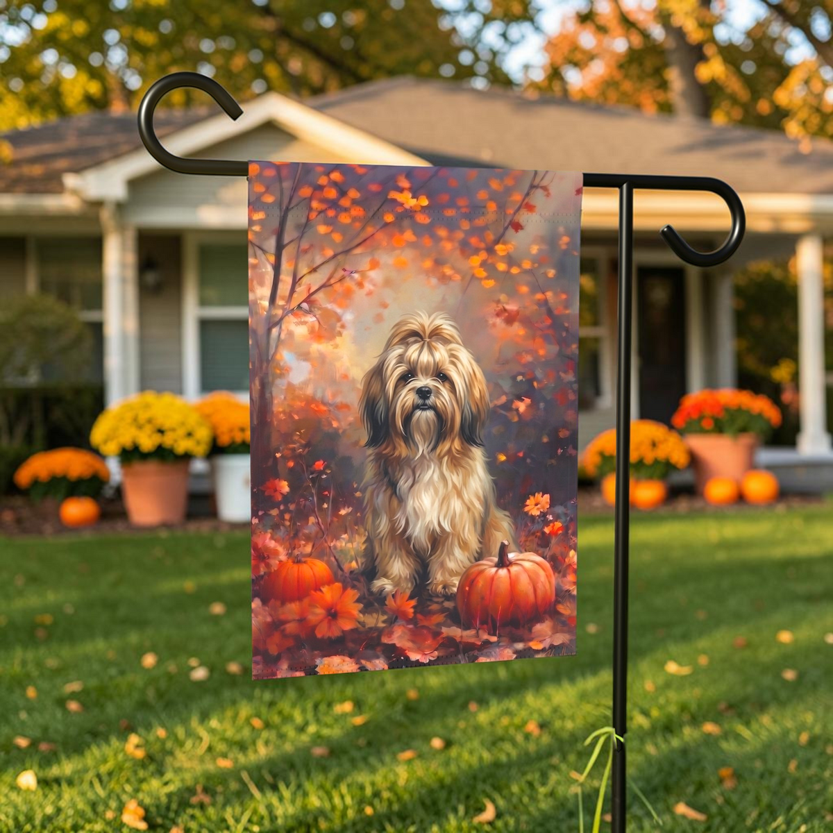 Fall Lhasa Apso With Pumpkins Autumn Garden Flag