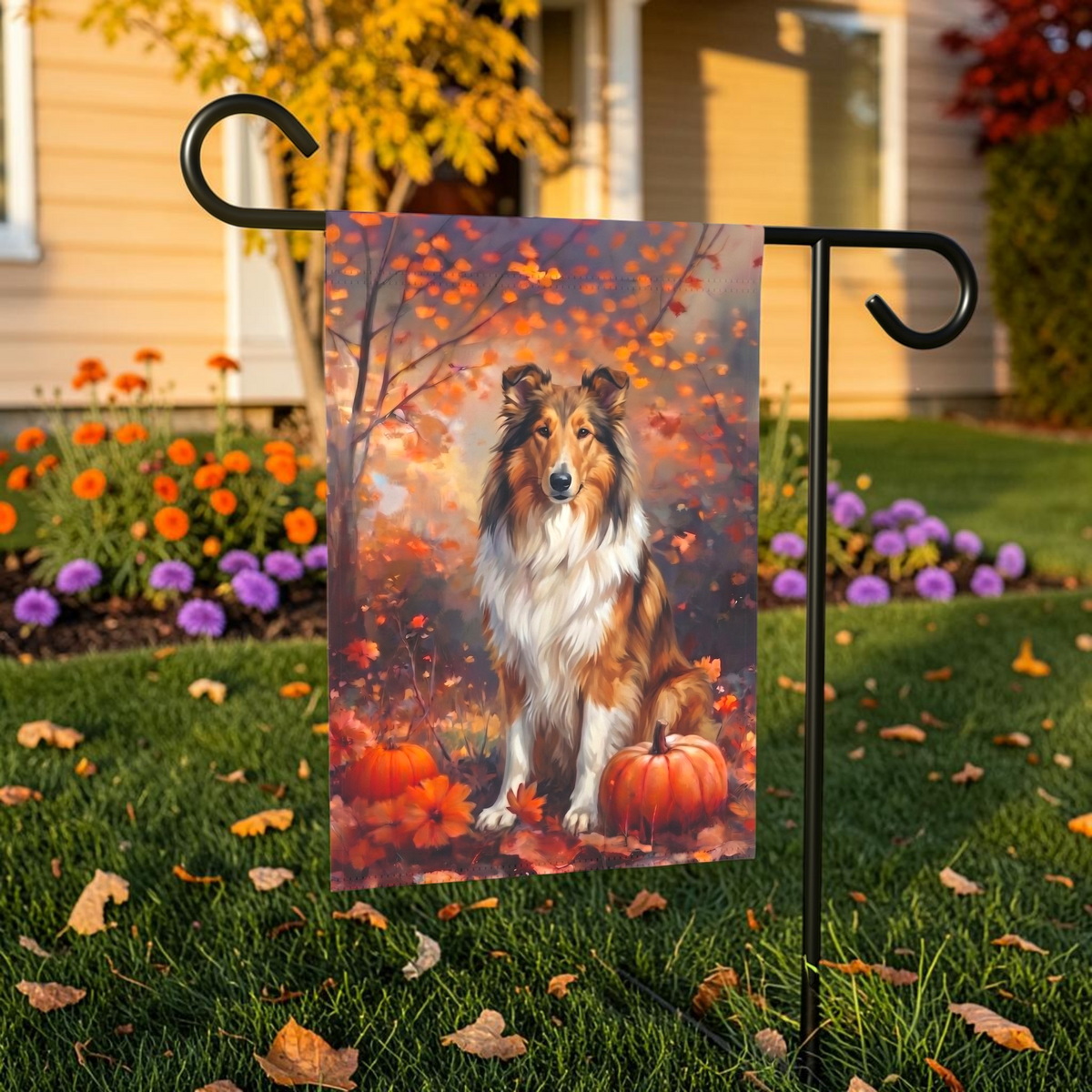 Fall Collie With Pumpkins Autumn Garden Flag