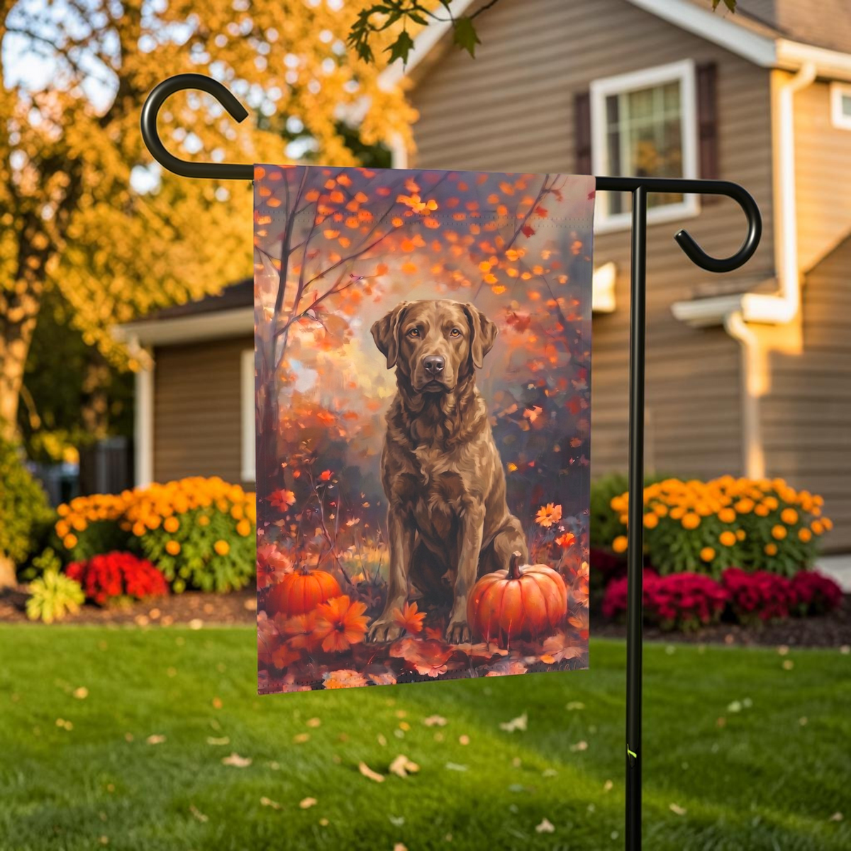 Fall Chesapeake Bay Retriever With Pumpkins Garden Flag