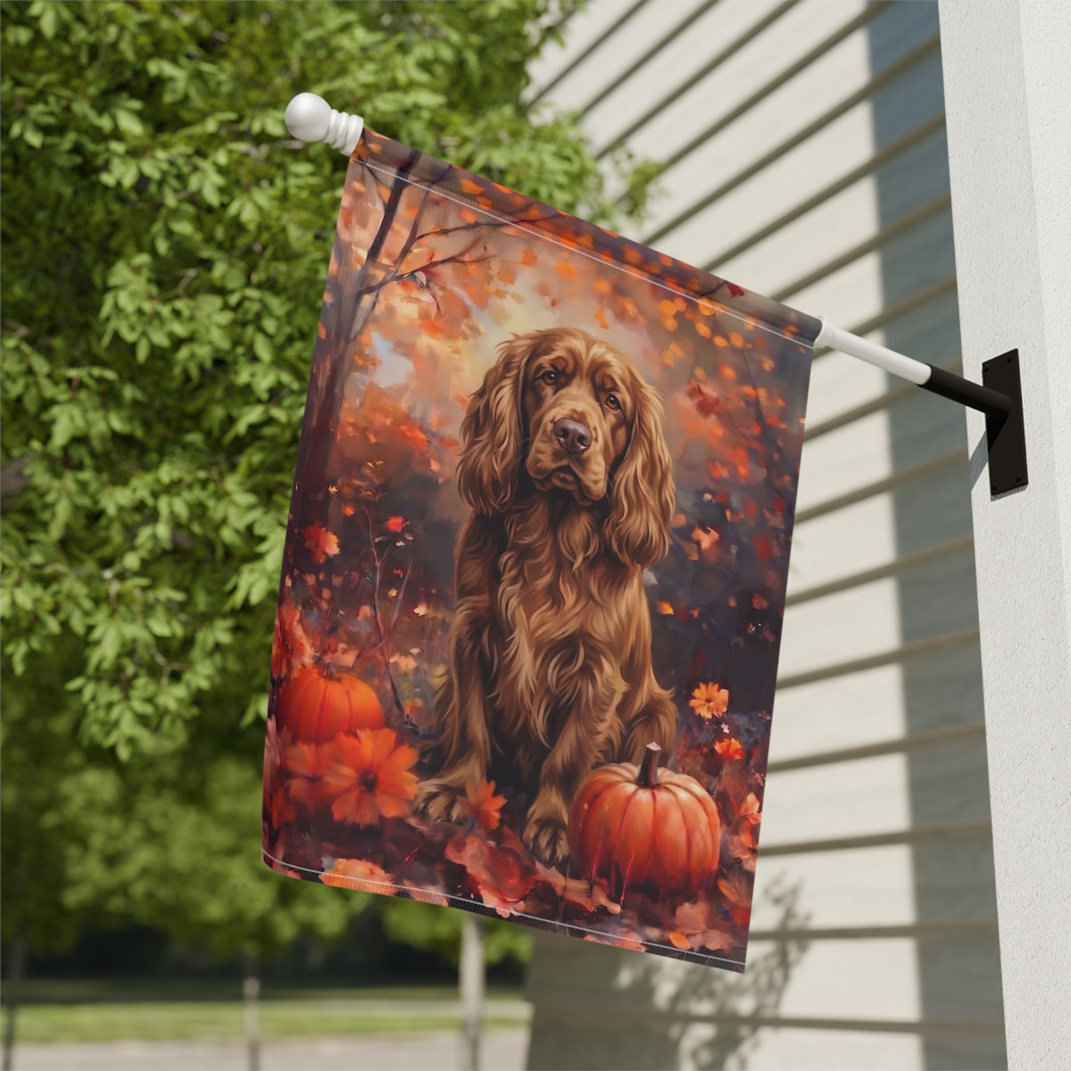 Fall Sussex Spaniel With Pumpkins Autumn Garden Flag