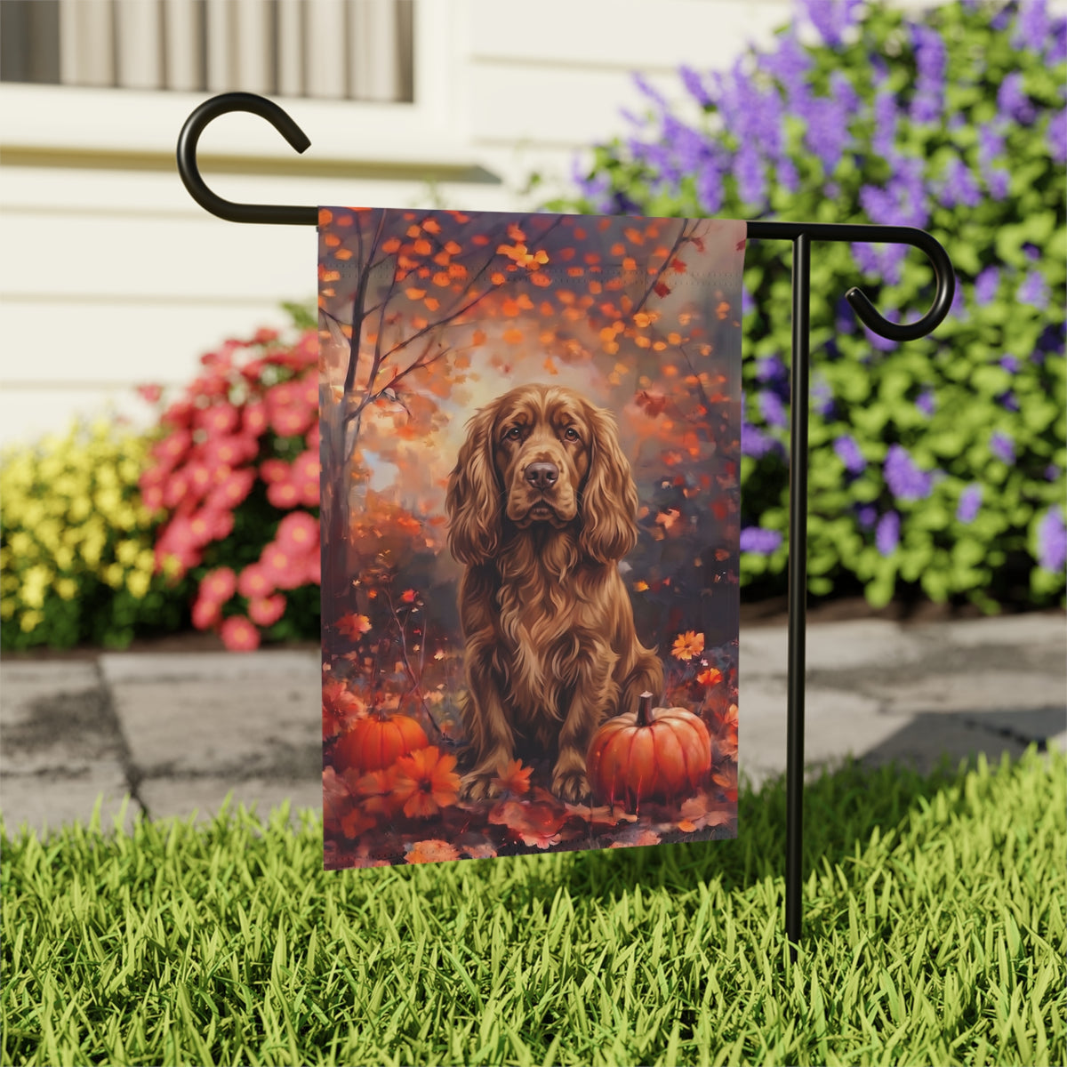 Fall Sussex Spaniel With Pumpkins Autumn Garden Flag