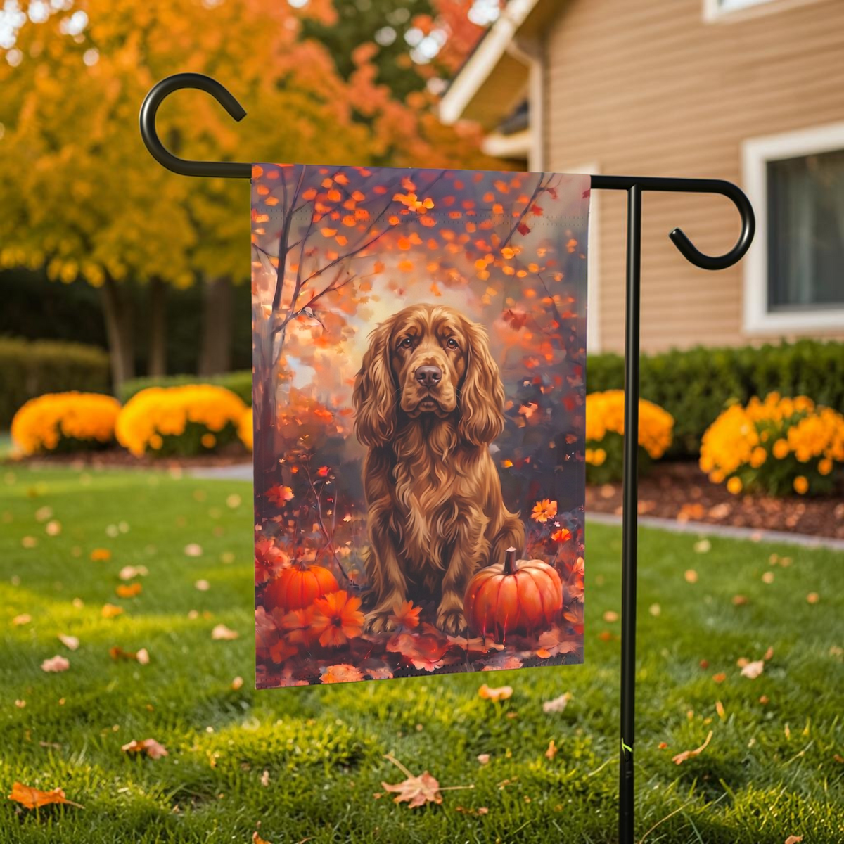 Fall Sussex Spaniel With Pumpkins Autumn Garden Flag