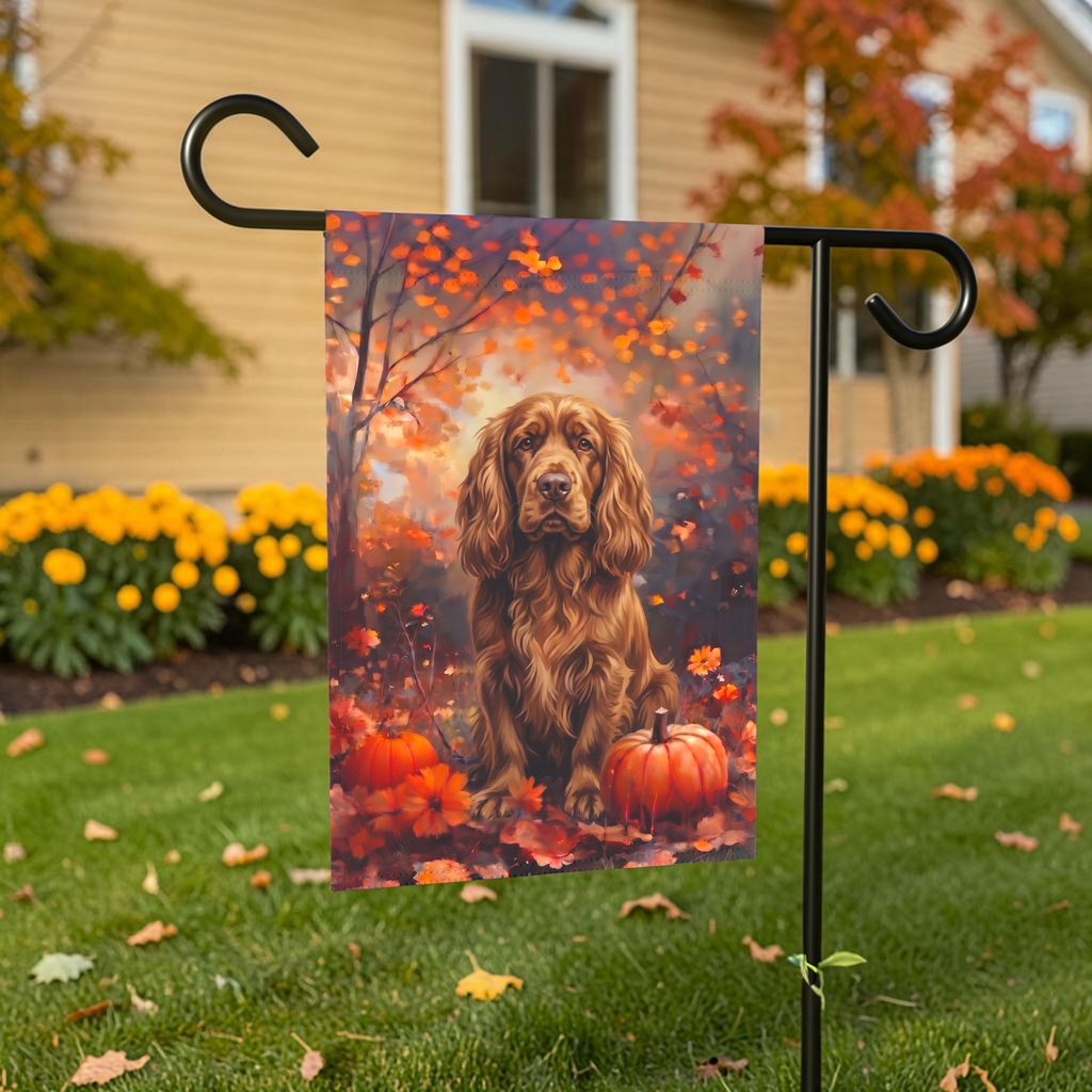 Fall Sussex Spaniel With Pumpkins Autumn Garden Flag