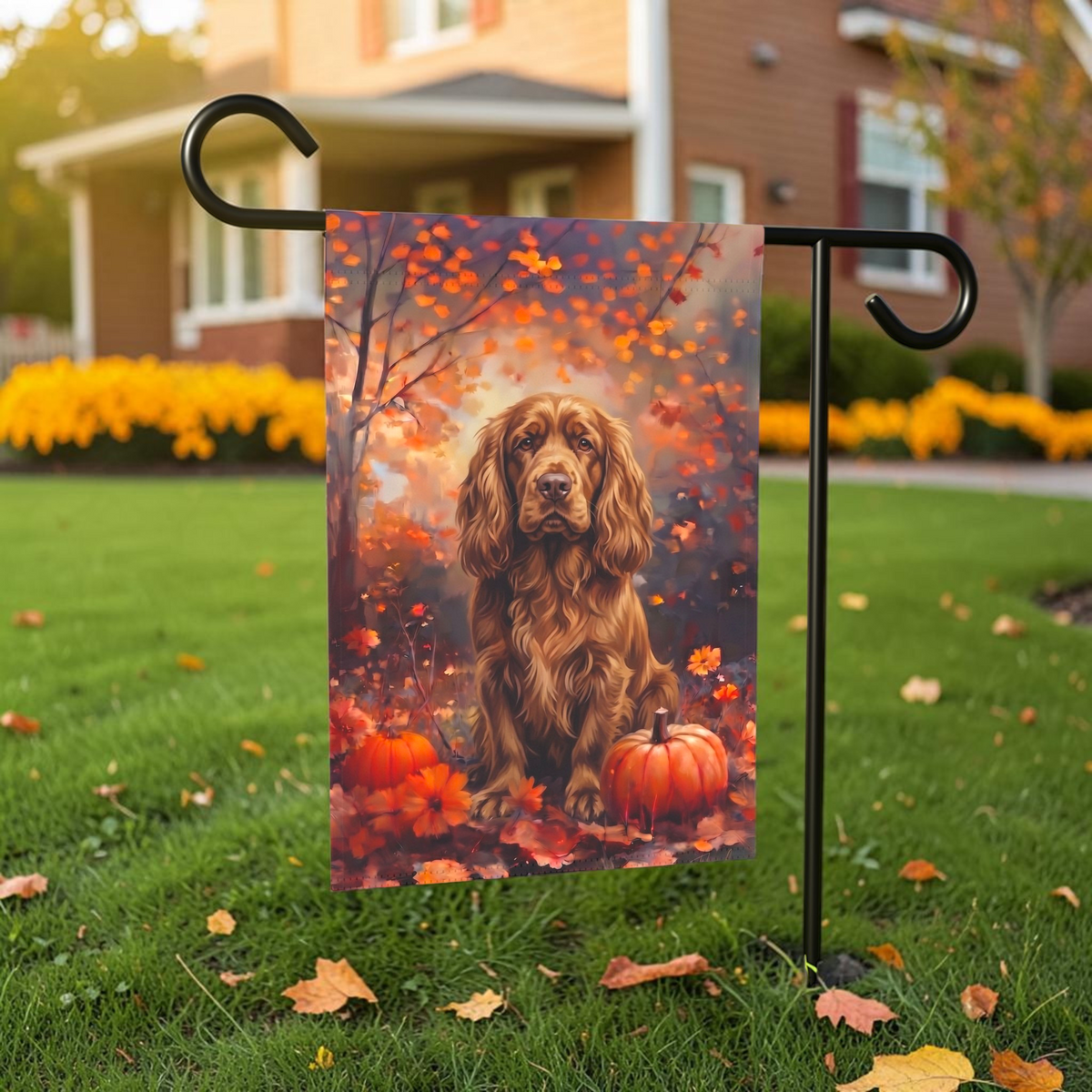Fall Sussex Spaniel With Pumpkins Autumn Garden Flag