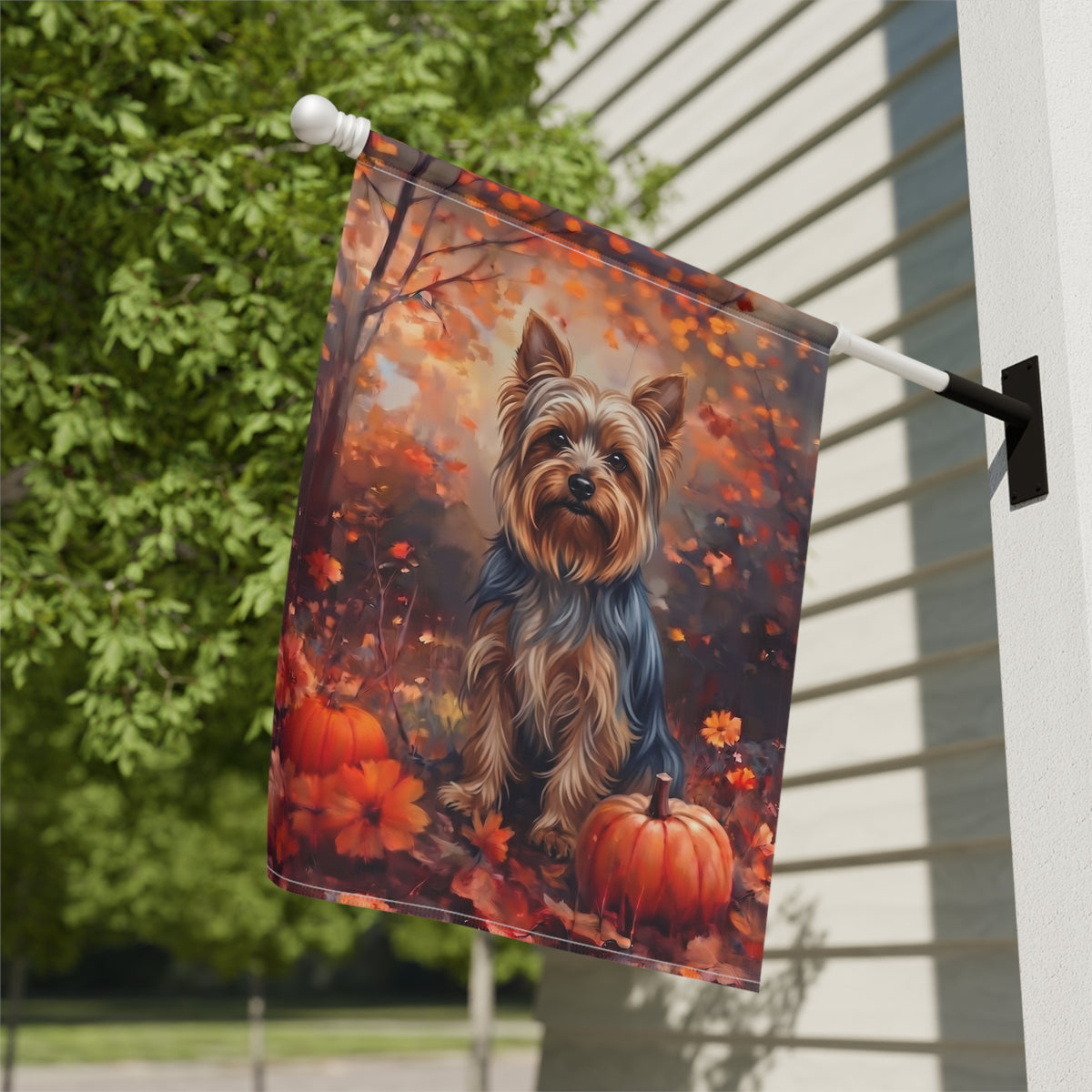 Fall Silky Terrier With Pumpkins Autumn Garden Flag