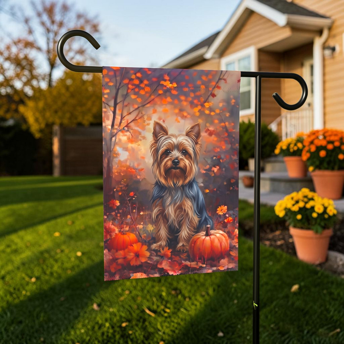 Fall Silky Terrier With Pumpkins Autumn Garden Flag