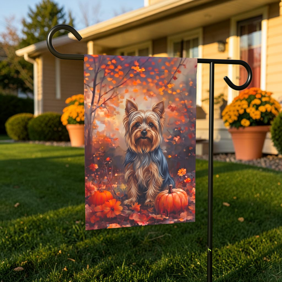 Fall Silky Terrier With Pumpkins Autumn Garden Flag