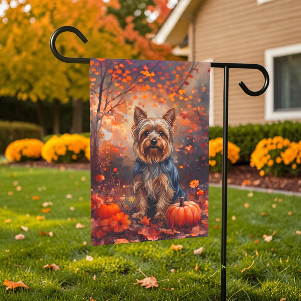 Fall Silky Terrier With Pumpkins Autumn Garden Flag