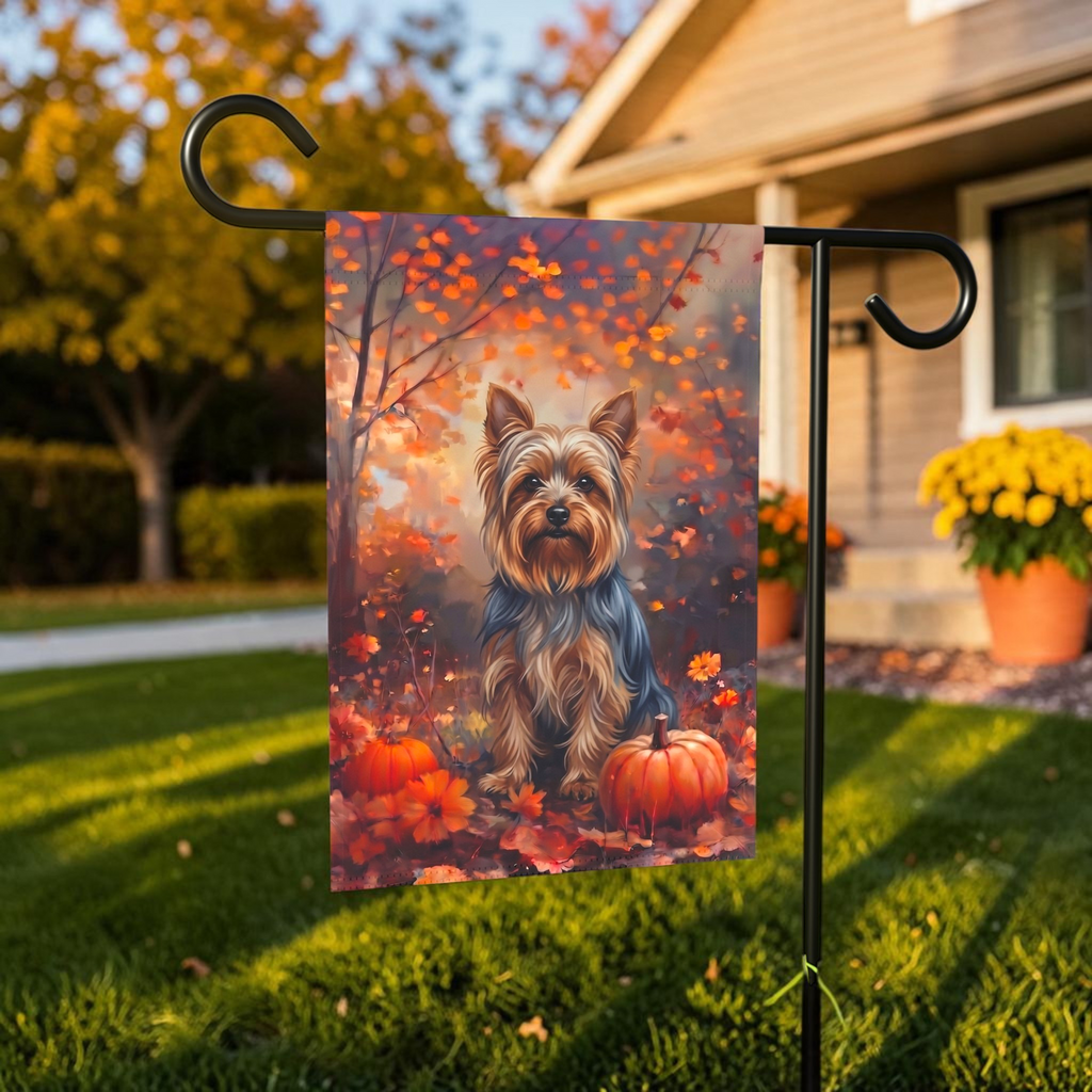 Fall Silky Terrier With Pumpkins Autumn Garden Flag