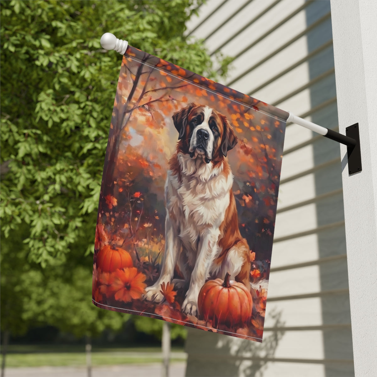 Fall Saint Bernard With Pumpkins Autumn Garden Flag