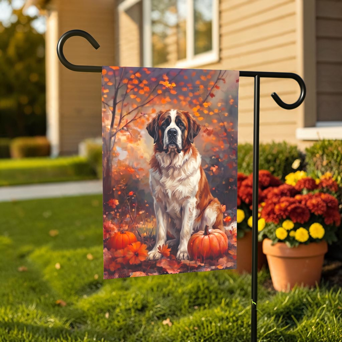 Fall Saint Bernard With Pumpkins Autumn Garden Flag