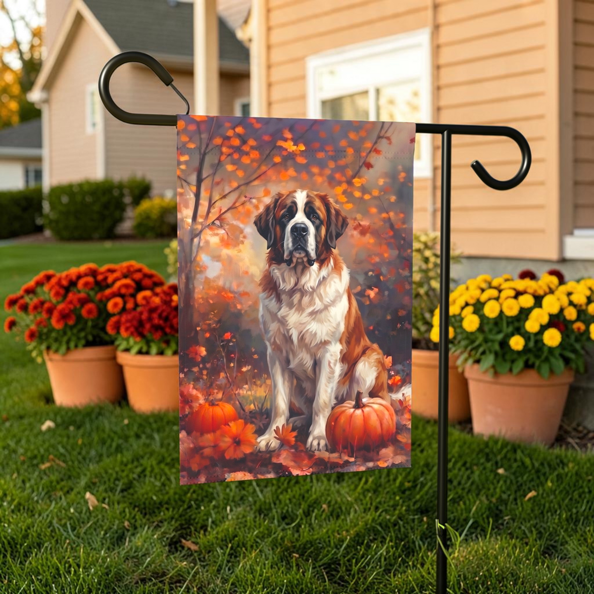 Fall Saint Bernard With Pumpkins Autumn Garden Flag