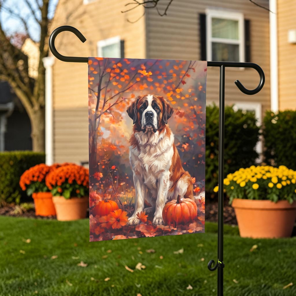 Fall Saint Bernard With Pumpkins Autumn Garden Flag