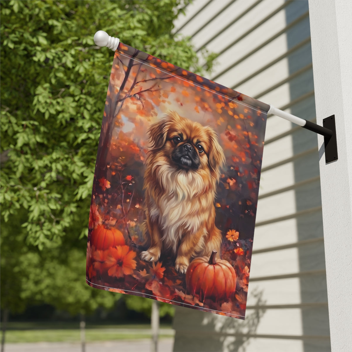 Fall Pekingese With Pumpkins Autumn Garden Flag