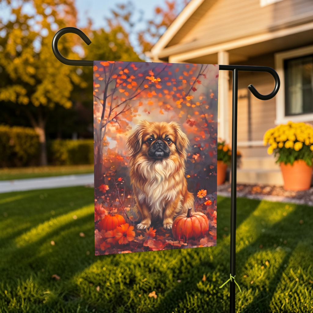 Fall Pekingese With Pumpkins Autumn Garden Flag