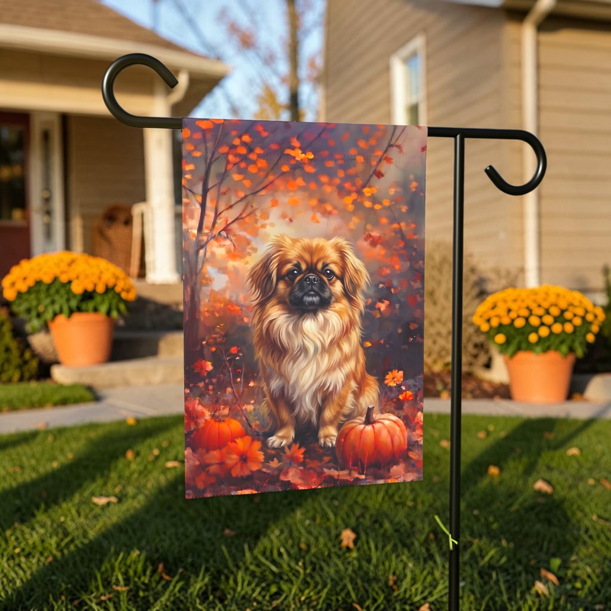 Fall Pekingese With Pumpkins Autumn Garden Flag