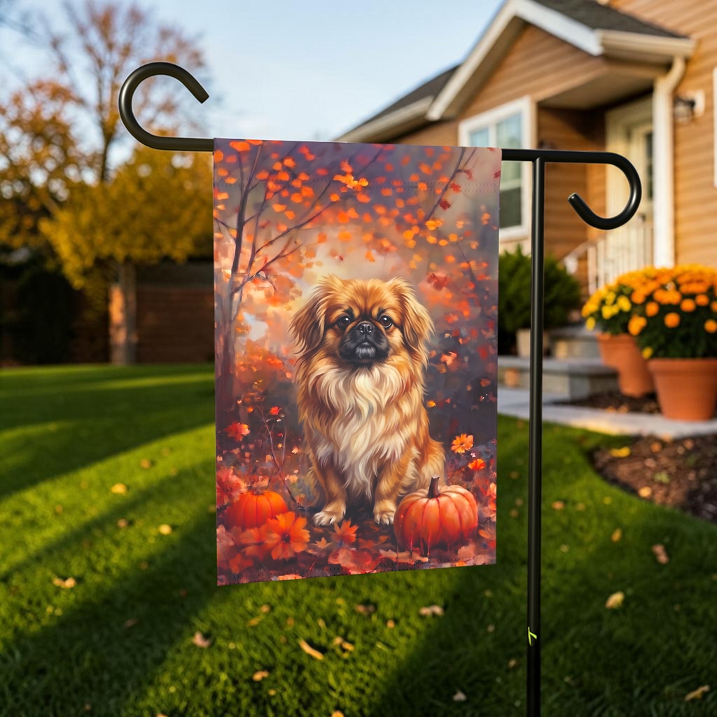 Fall Pekingese With Pumpkins Autumn Garden Flag