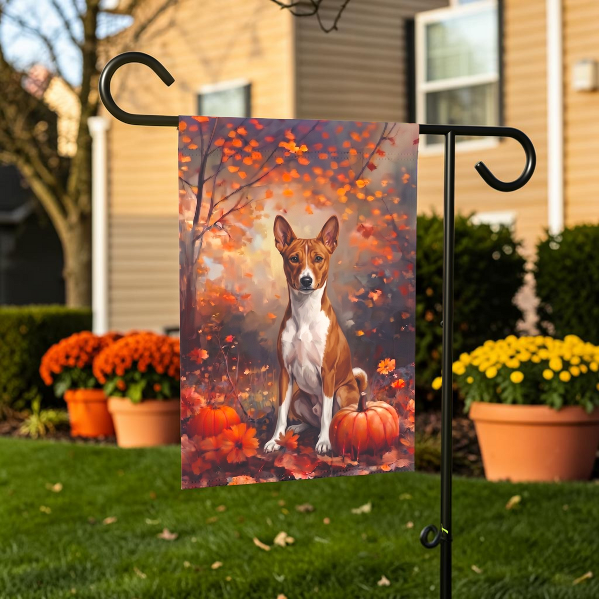 Fall Basenji With Pumpkins Autumn Garden Flag