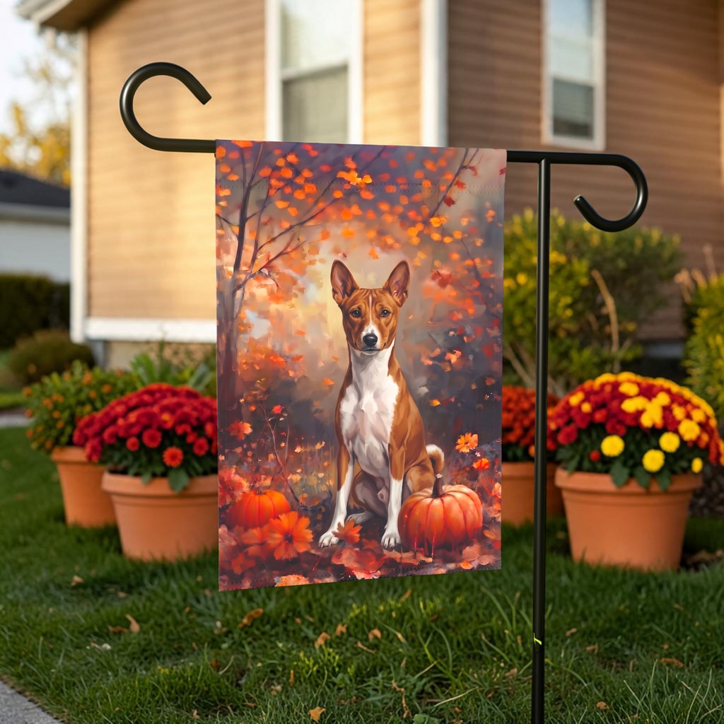 Fall Basenji With Pumpkins Autumn Garden Flag