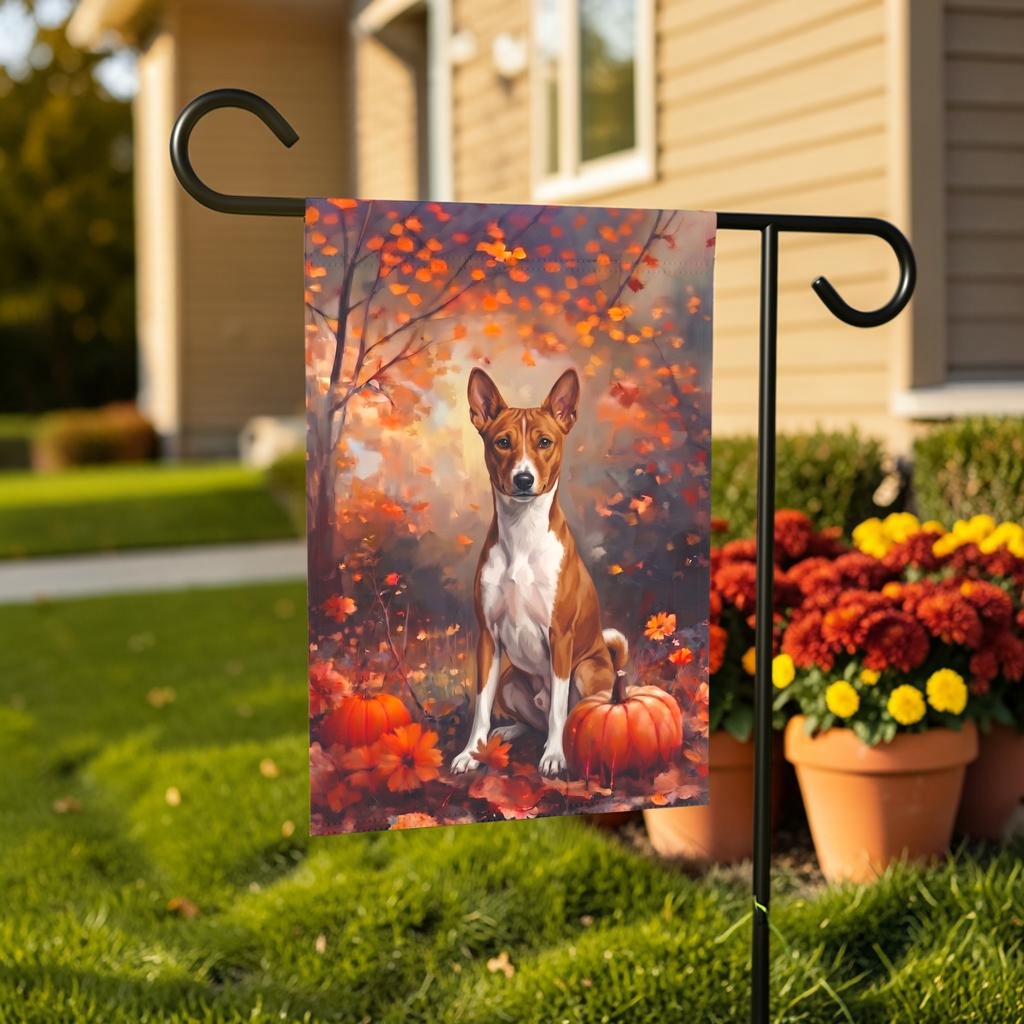 Fall Basenji With Pumpkins Autumn Garden Flag