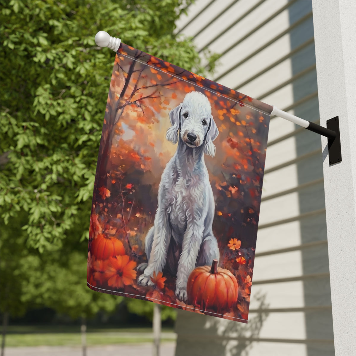 Fall Bedlington Terrier With Pumpkins Autumn Garden Flag