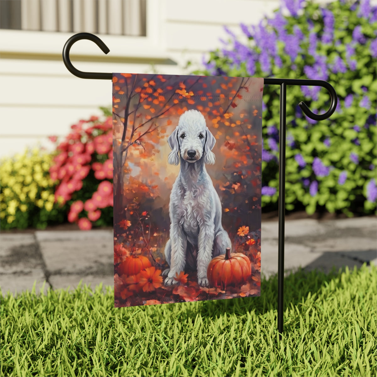 Fall Bedlington Terrier With Pumpkins Autumn Garden Flag