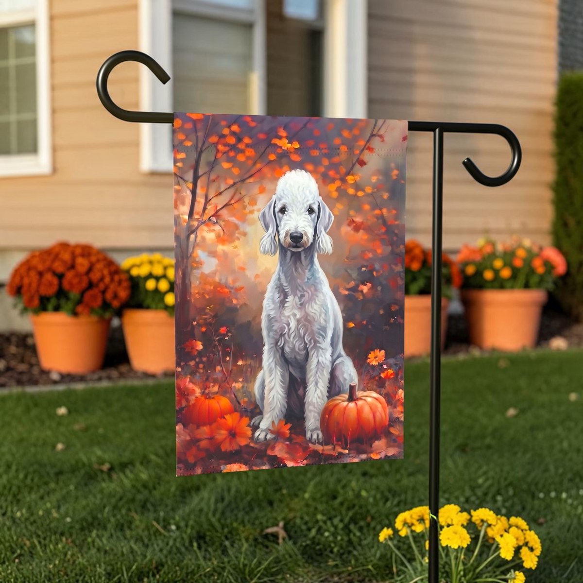 Fall Bedlington Terrier With Pumpkins Autumn Garden Flag